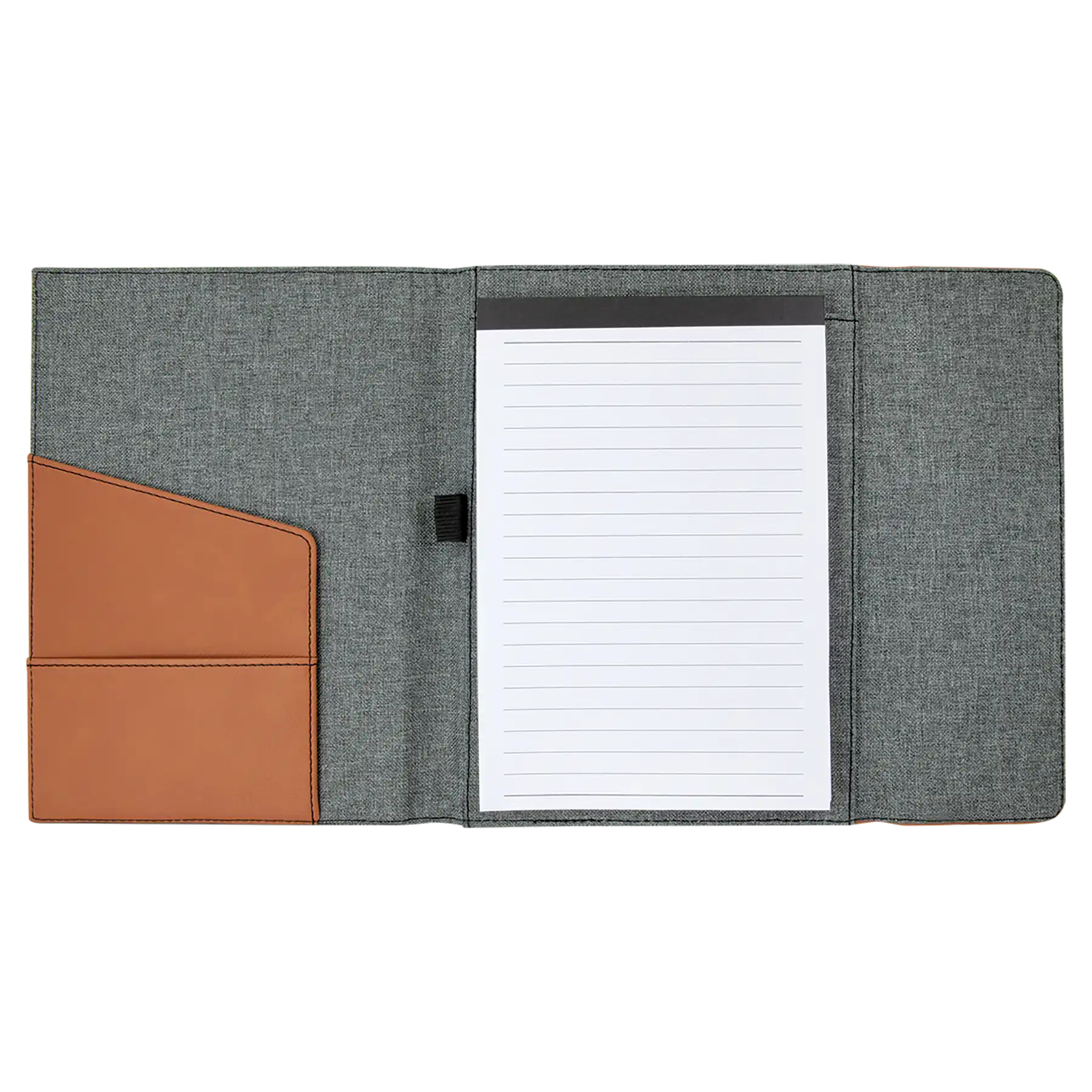 Open view of 7 x 9 canvas portfolio showing lined notepad, rawhide leatherette angled card pocket, and elastic pen loop.