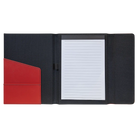 Open view of 7 x 9 canvas portfolio showing lined notepad, red leatherette angled card pocket, and elastic pen loop.