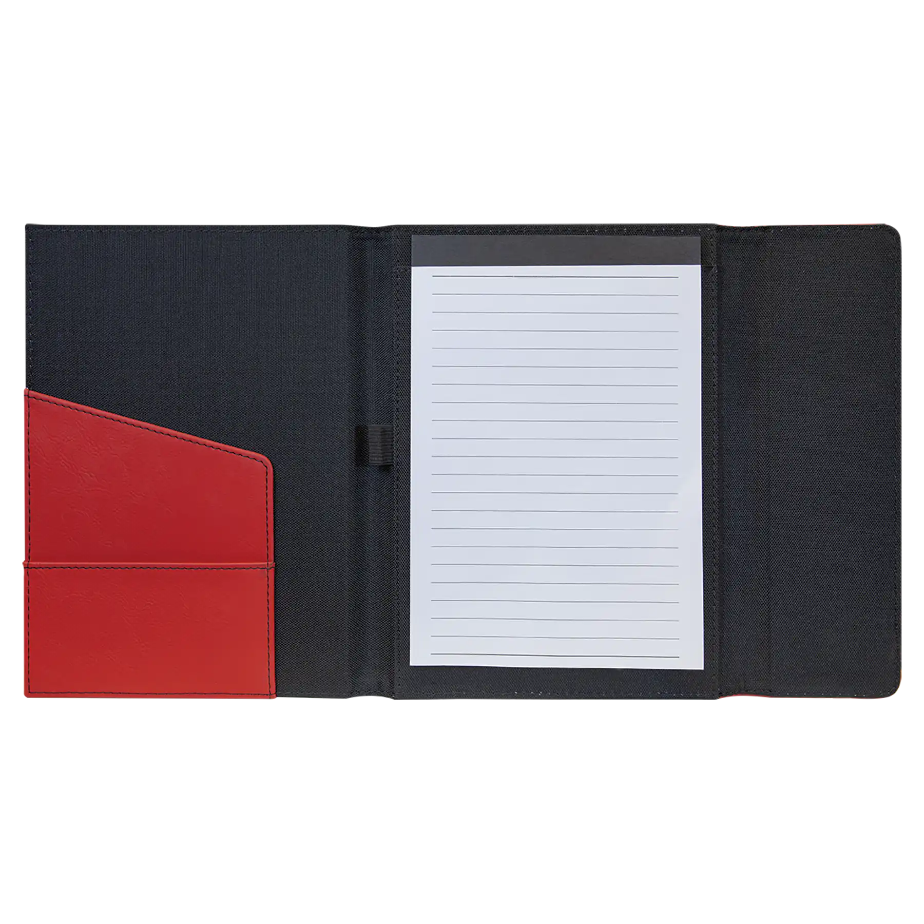 Open view of 7 x 9 canvas portfolio showing lined notepad, red leatherette angled card pocket, and elastic pen loop.
