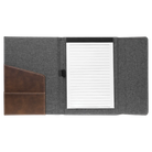 Open view of 7 x 9 canvas portfolio showing lined notepad, rustic leatherette angled card pocket, and elastic pen loop.
