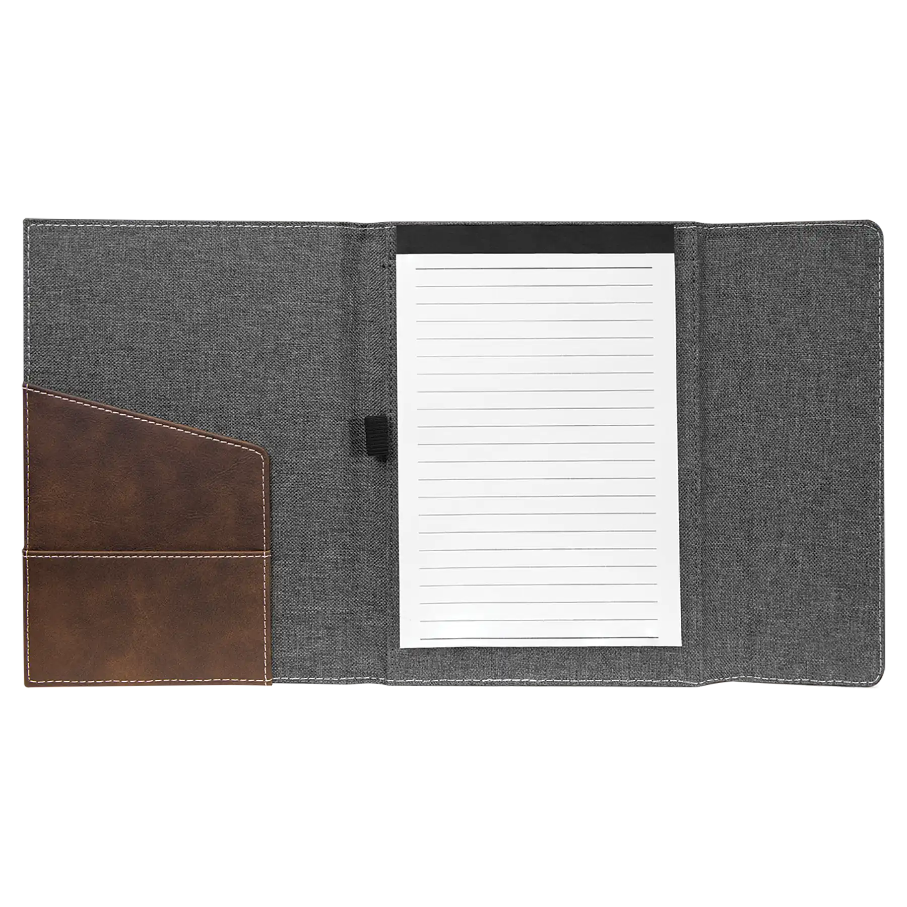 Open view of 7 x 9 canvas portfolio showing lined notepad, rustic leatherette angled card pocket, and elastic pen loop.
