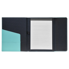 Open view of 7 x 9 canvas portfolio showing lined notepad, teal leatherette angled card pocket, and elastic pen loop.