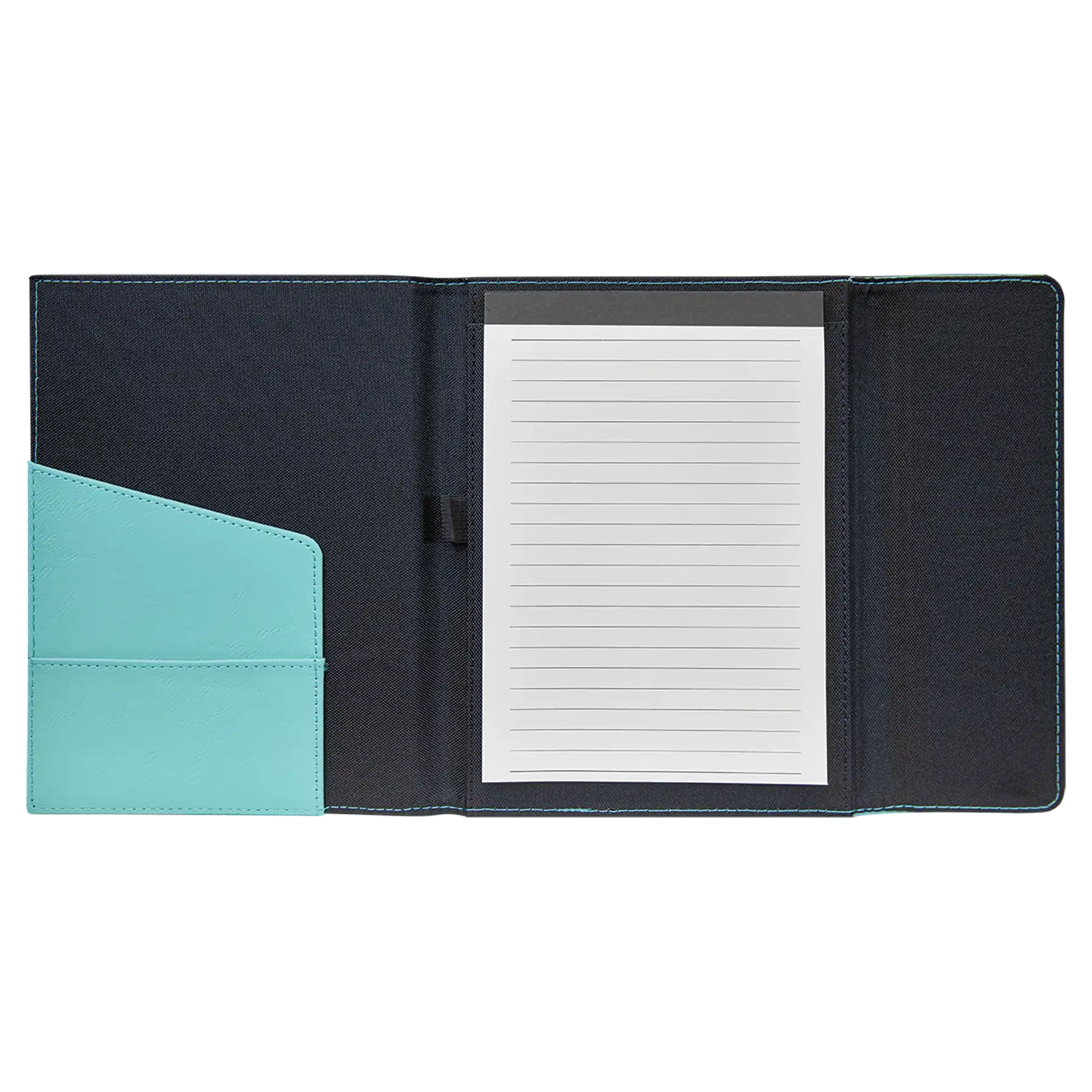Open view of 7 x 9 canvas portfolio showing lined notepad, teal leatherette angled card pocket, and elastic pen loop.