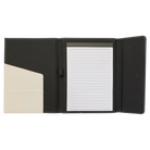 Open view of 7 x 9 canvas portfolio showing lined notepad, white leatherette angled card pocket, and elastic pen loop.