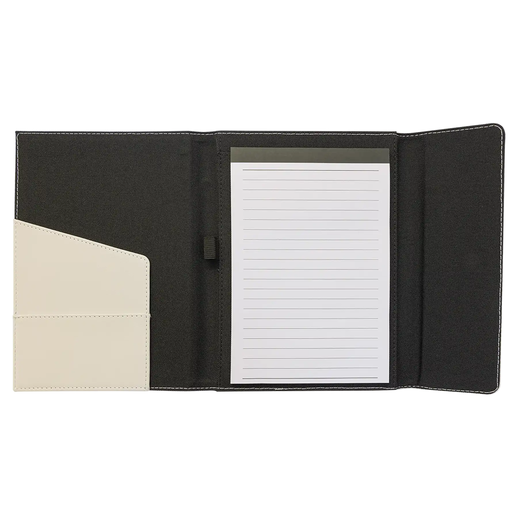 Open view of 7 x 9 canvas portfolio showing lined notepad, white leatherette angled card pocket, and elastic pen loop.