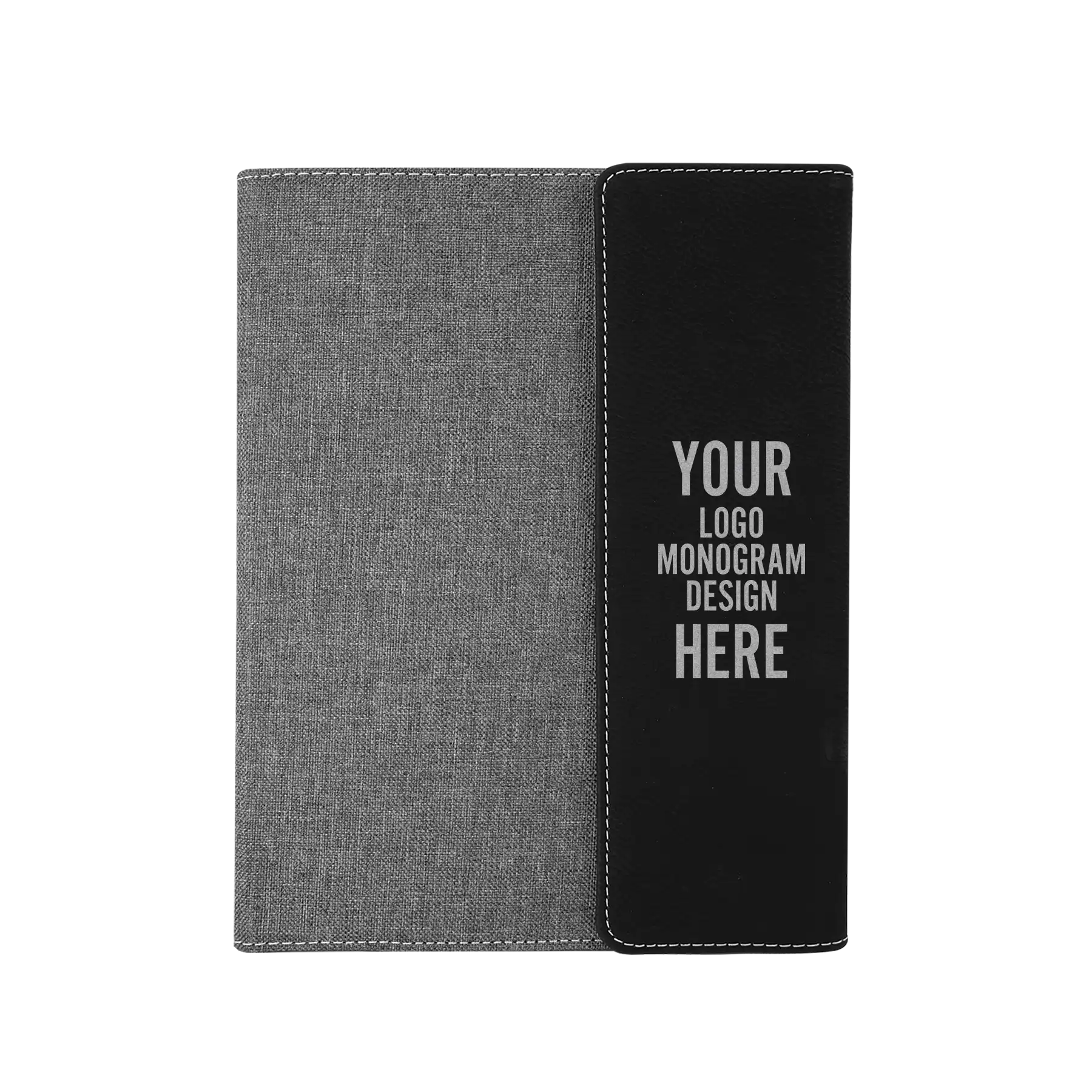 Personalized 7 x 9 canvas and leatherette portfolio with black leatherette panel, custom laser engraved with logo, monogram, or design.