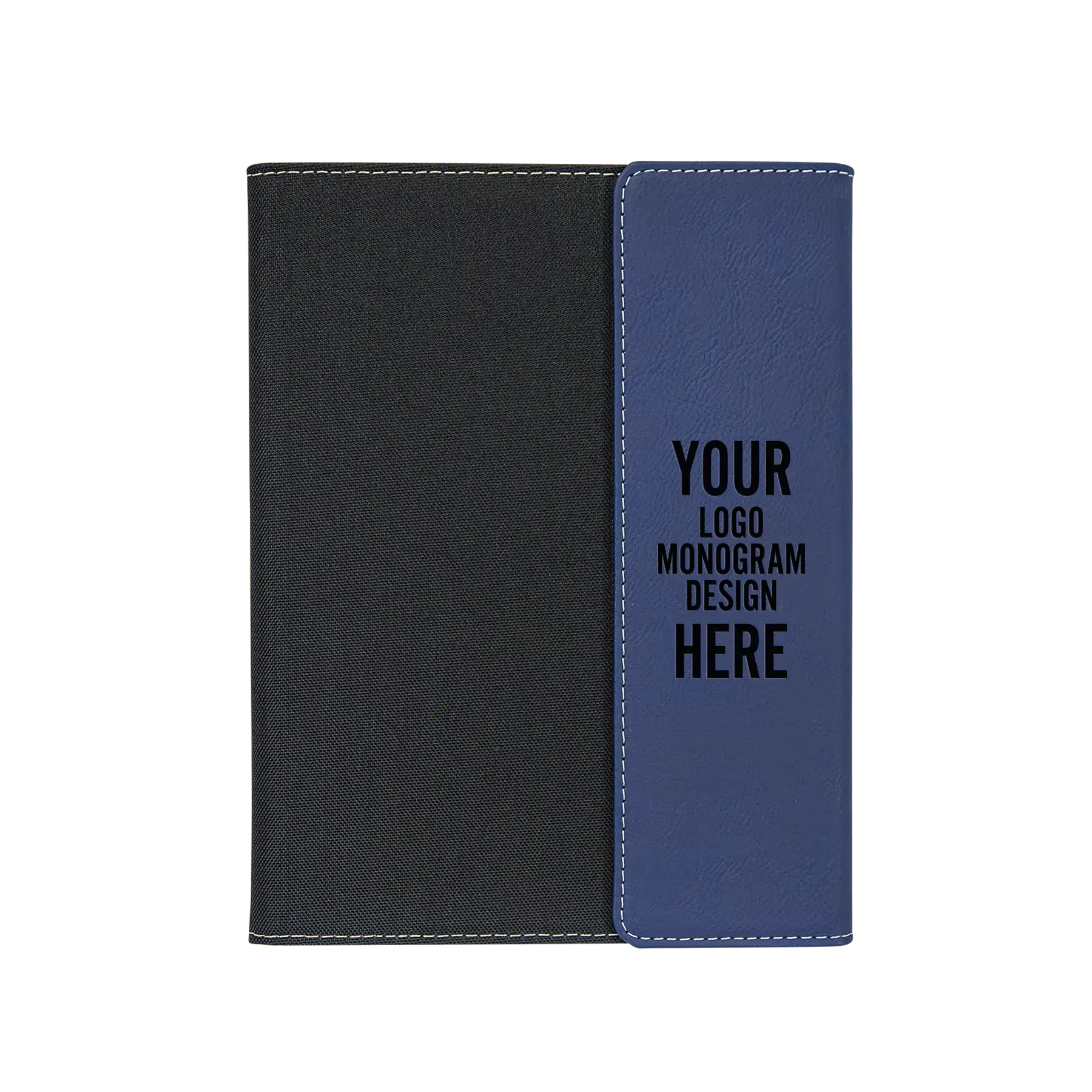 Personalized 7 x 9 canvas and leatherette portfolio with blue/black leatherette panel, custom laser engraved with logo, monogram, or design.