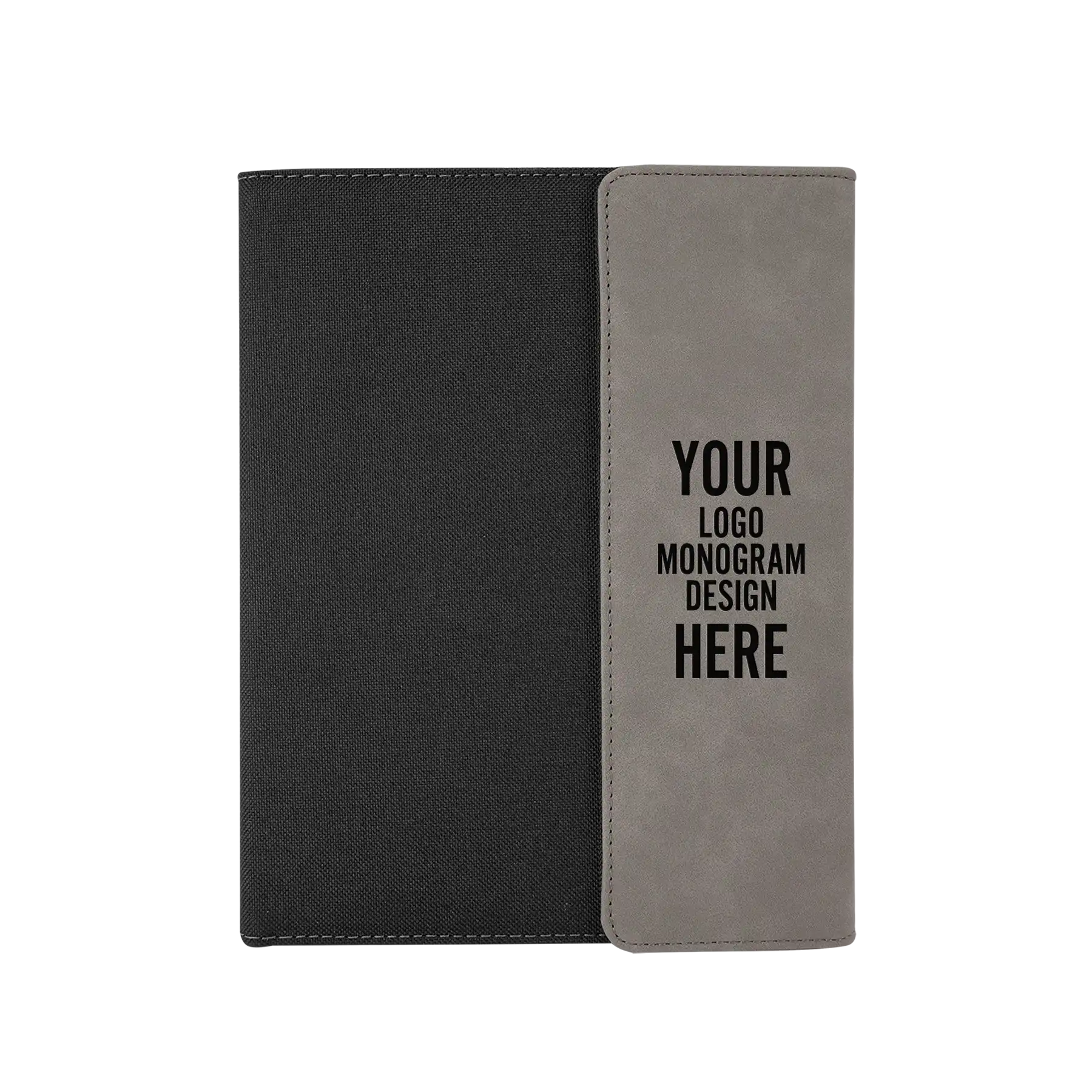 Personalized 7 x 9 canvas and leatherette portfolio with gray leatherette panel, custom laser engraved with logo, monogram, or design.