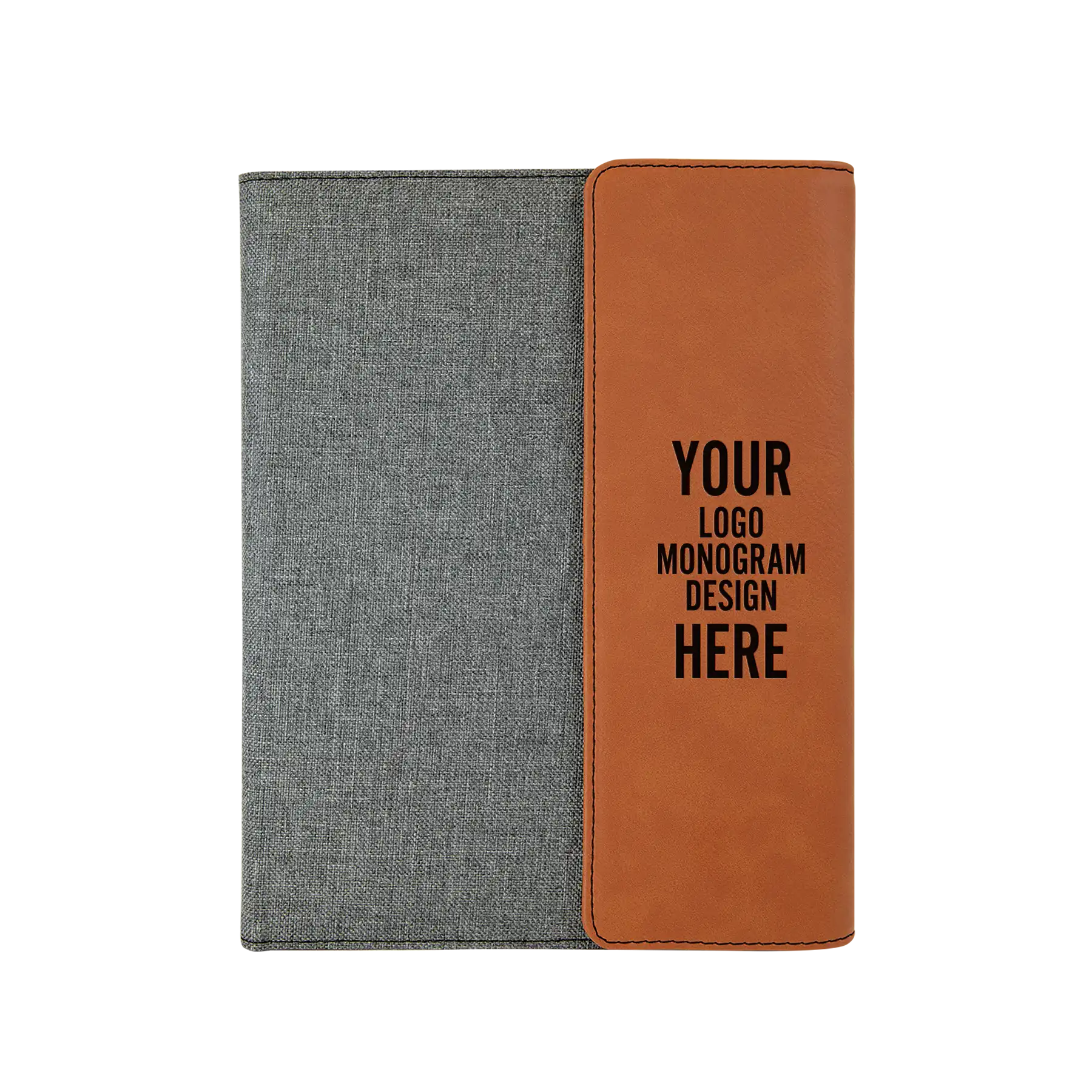 Personalized 7 x 9 canvas and leatherette portfolio with rawhide leatherette panel, custom laser engraved with logo, monogram, or design.
