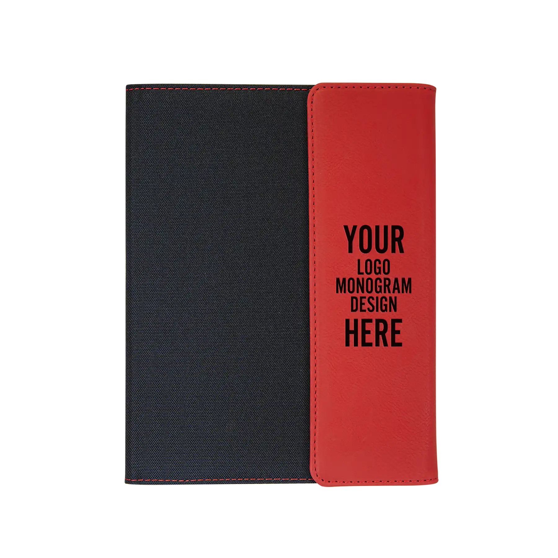 Personalized 7 x 9 canvas and leatherette portfolio with red leatherette panel, custom laser engraved with logo, monogram, or design.