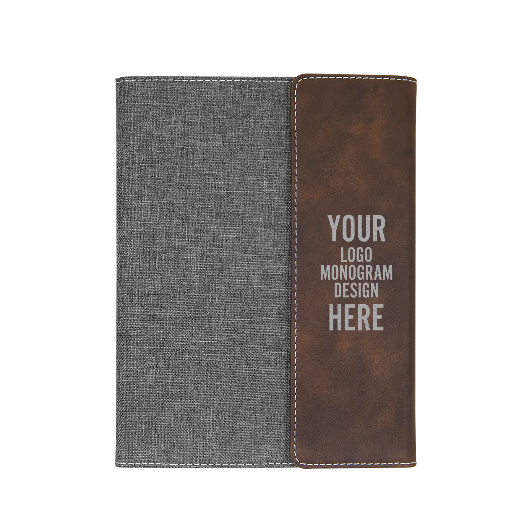 Personalized 7 x 9 canvas and leatherette portfolio with rustic leatherette panel, custom laser engraved with logo, monogram, or design.