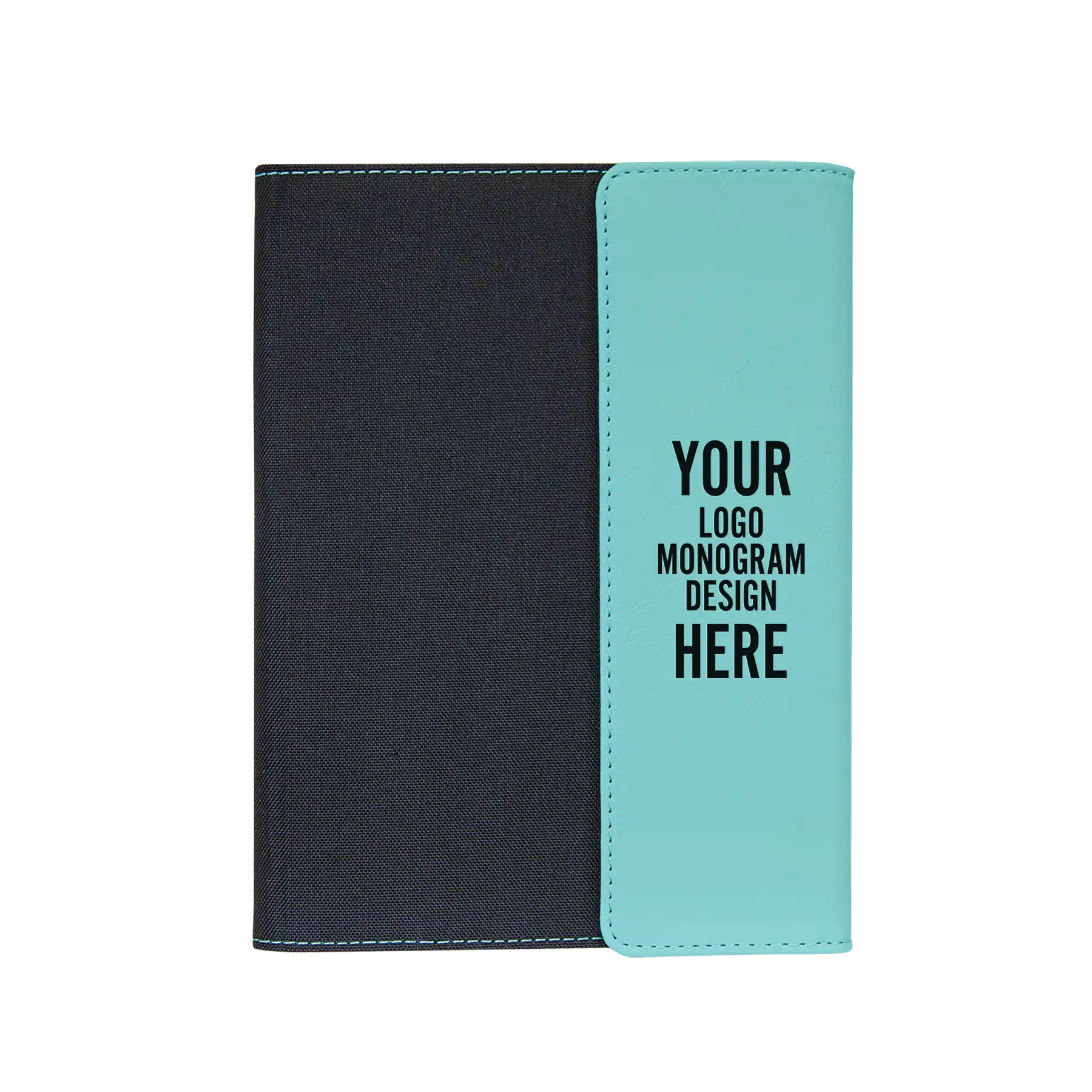 Personalized 7 x 9 canvas and leatherette portfolio with teal leatherette panel, custom laser engraved with logo, monogram, or design.