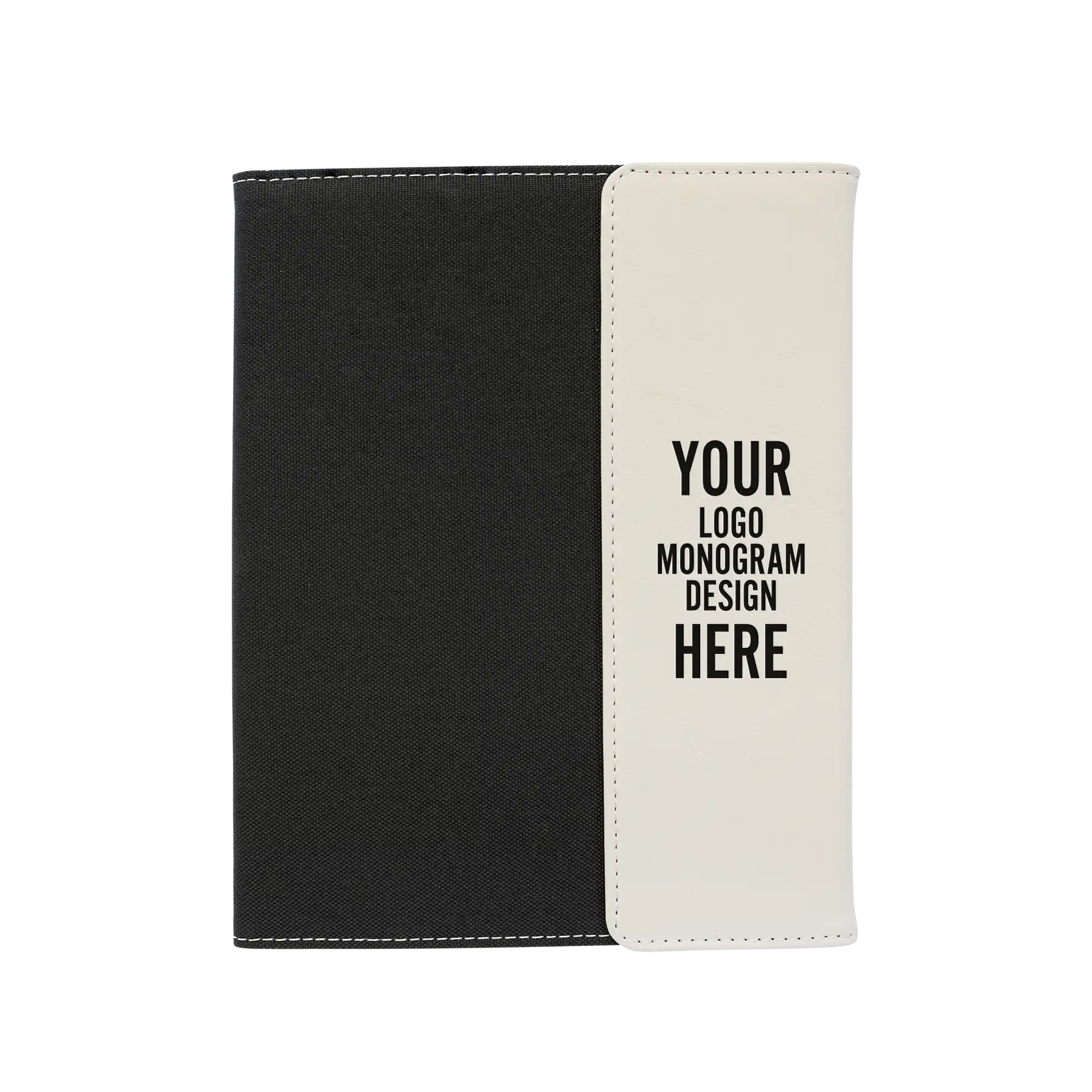 Personalized 7 x 9 canvas and leatherette portfolio with white leatherette panel, custom laser engraved with logo, monogram, or design.