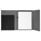 Open view of 9.5 x 12 canvas portfolio showing lined notepad, black leatherette angled card pocket, and elastic pen loop.