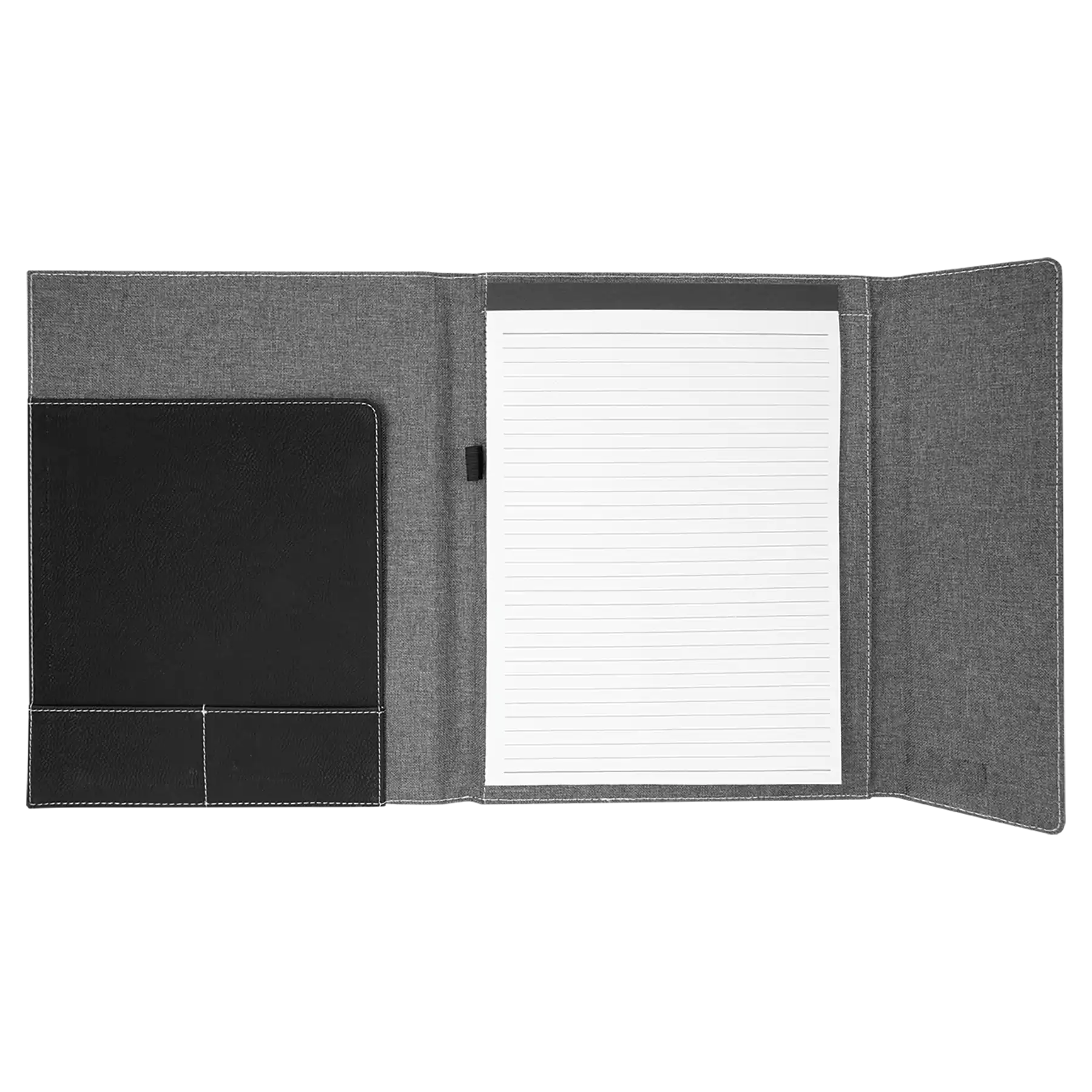 Open view of 9.5 x 12 canvas portfolio showing lined notepad, black leatherette angled card pocket, and elastic pen loop.