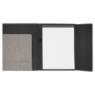 Open view of 9.5 x 12 canvas portfolio showing lined notepad, gray leatherette angled card pocket, and elastic pen loop.