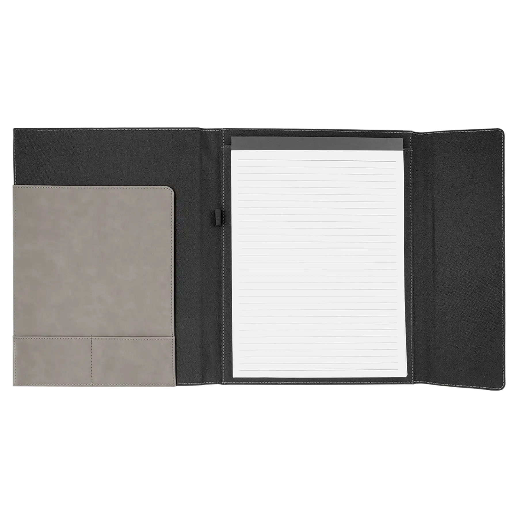 Open view of 9.5 x 12 canvas portfolio showing lined notepad, gray leatherette angled card pocket, and elastic pen loop.
