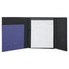 Open view of 9.5 x 12 canvas portfolio showing lined notepad, purple leatherette angled card pocket, and elastic pen loop.