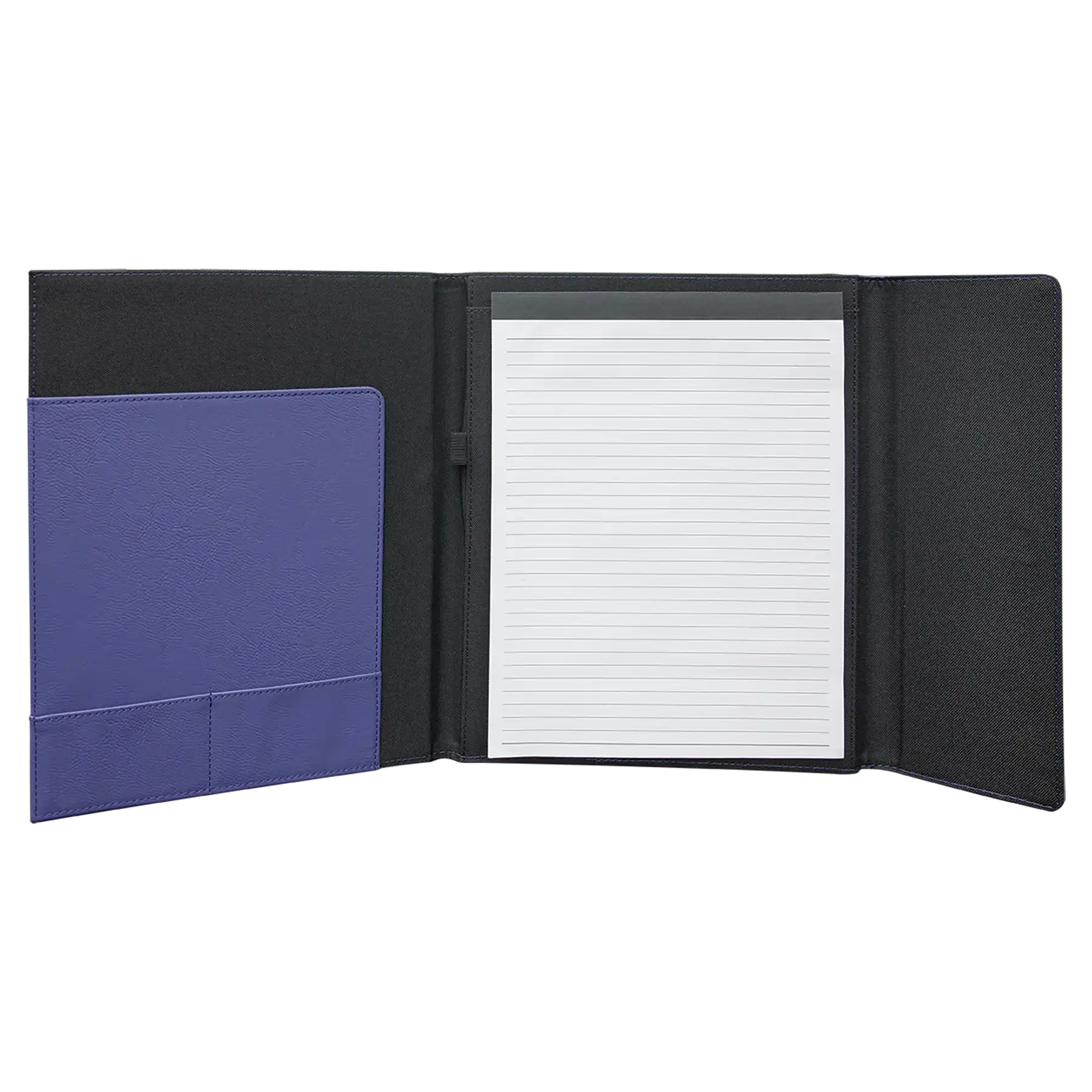 Open view of 9.5 x 12 canvas portfolio showing lined notepad, purple leatherette angled card pocket, and elastic pen loop.