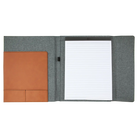 Open view of 9.5 x 12 canvas portfolio showing lined notepad, rawhide leatherette angled card pocket, and elastic pen loop.