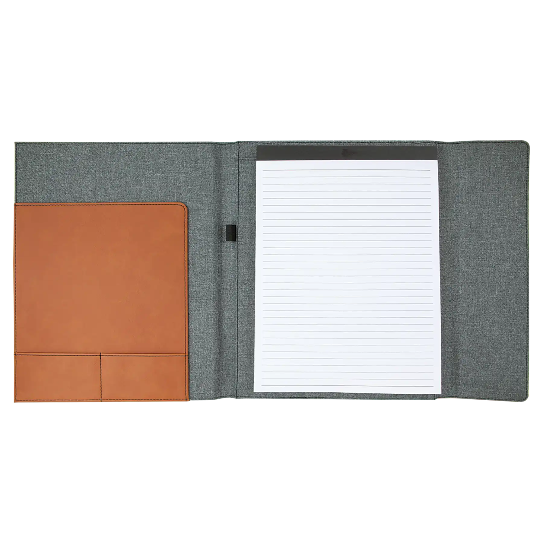 Open view of 9.5 x 12 canvas portfolio showing lined notepad, rawhide leatherette angled card pocket, and elastic pen loop.