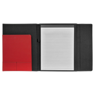 Open view of 9.5 x 12 canvas portfolio showing lined notepad, red leatherette angled card pocket, and elastic pen loop.