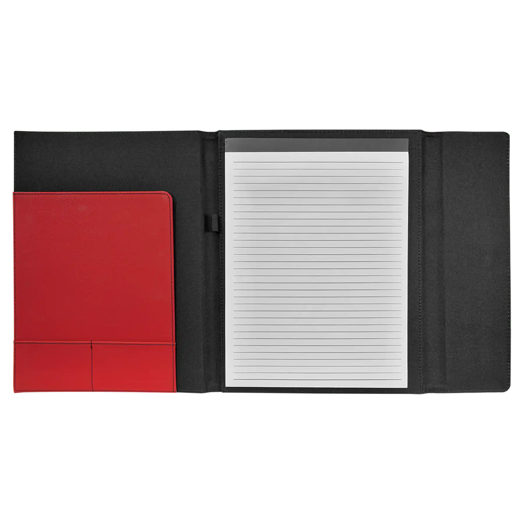 Open view of 9.5 x 12 canvas portfolio showing lined notepad, red leatherette angled card pocket, and elastic pen loop.