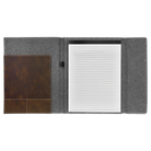 Open view of 9.5 x 12 canvas portfolio showing lined notepad, rustic leatherette angled card pocket, and elastic pen loop.