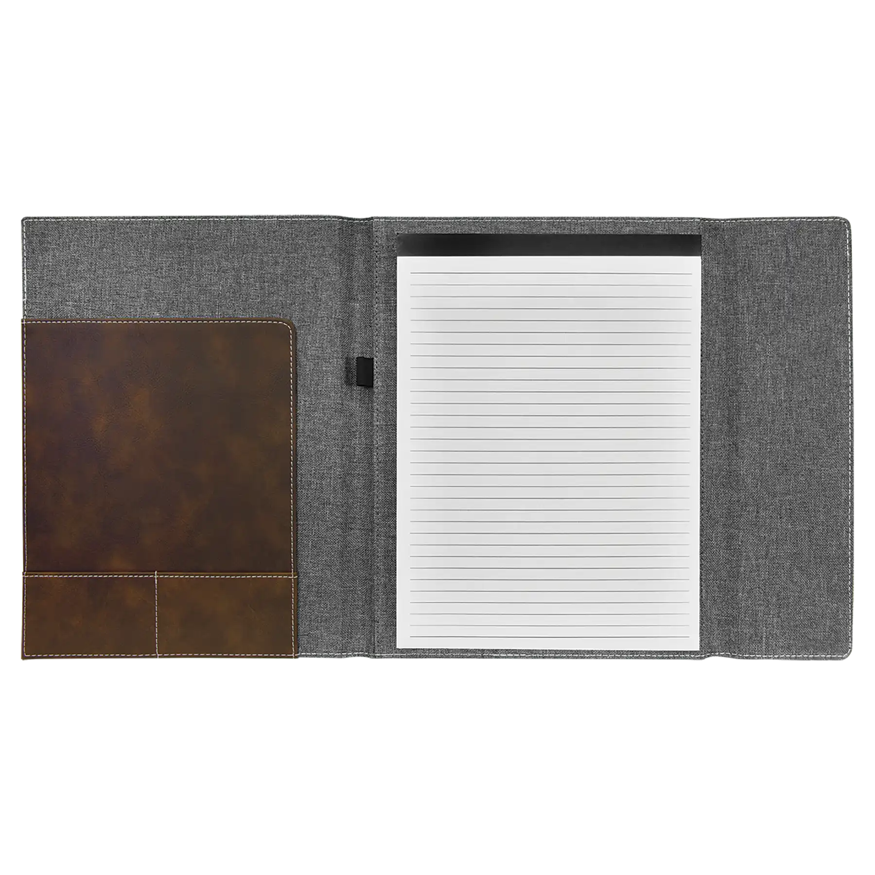 Open view of 9.5 x 12 canvas portfolio showing lined notepad, rustic leatherette angled card pocket, and elastic pen loop.