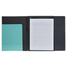 Open view of 9.5 x 12 canvas portfolio showing lined notepad, teal leatherette angled card pocket, and elastic pen loop.