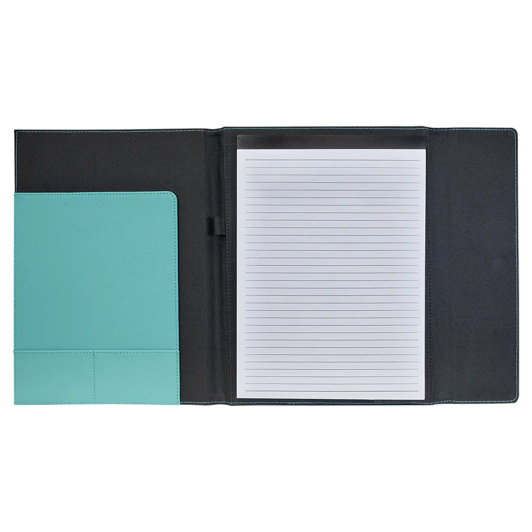 Open view of 9.5 x 12 canvas portfolio showing lined notepad, teal leatherette angled card pocket, and elastic pen loop.