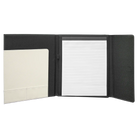 Open view of 9.5 x 12 canvas portfolio showing lined notepad, white leatherette angled card pocket, and elastic pen loop.