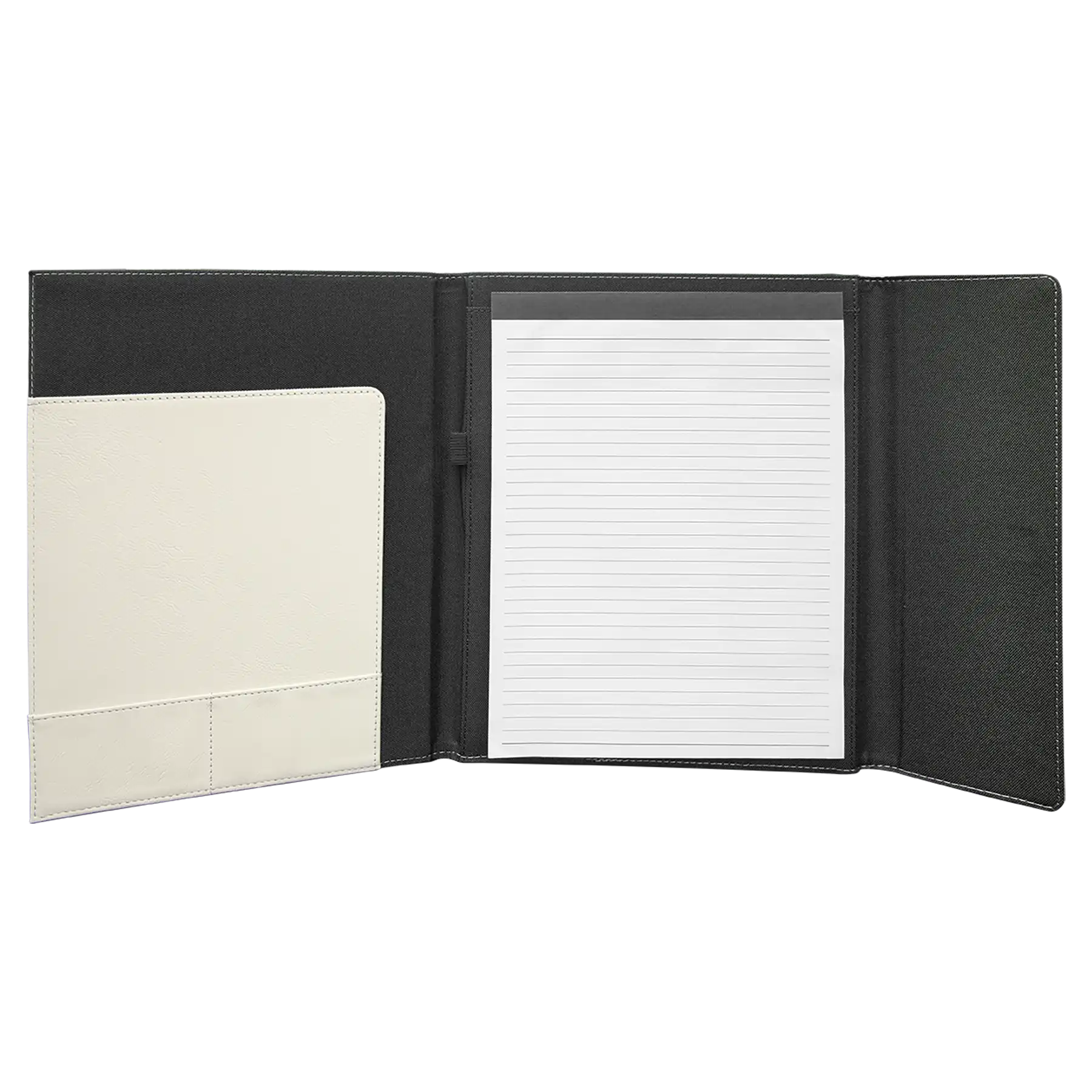 Open view of 9.5 x 12 canvas portfolio showing lined notepad, white leatherette angled card pocket, and elastic pen loop.
