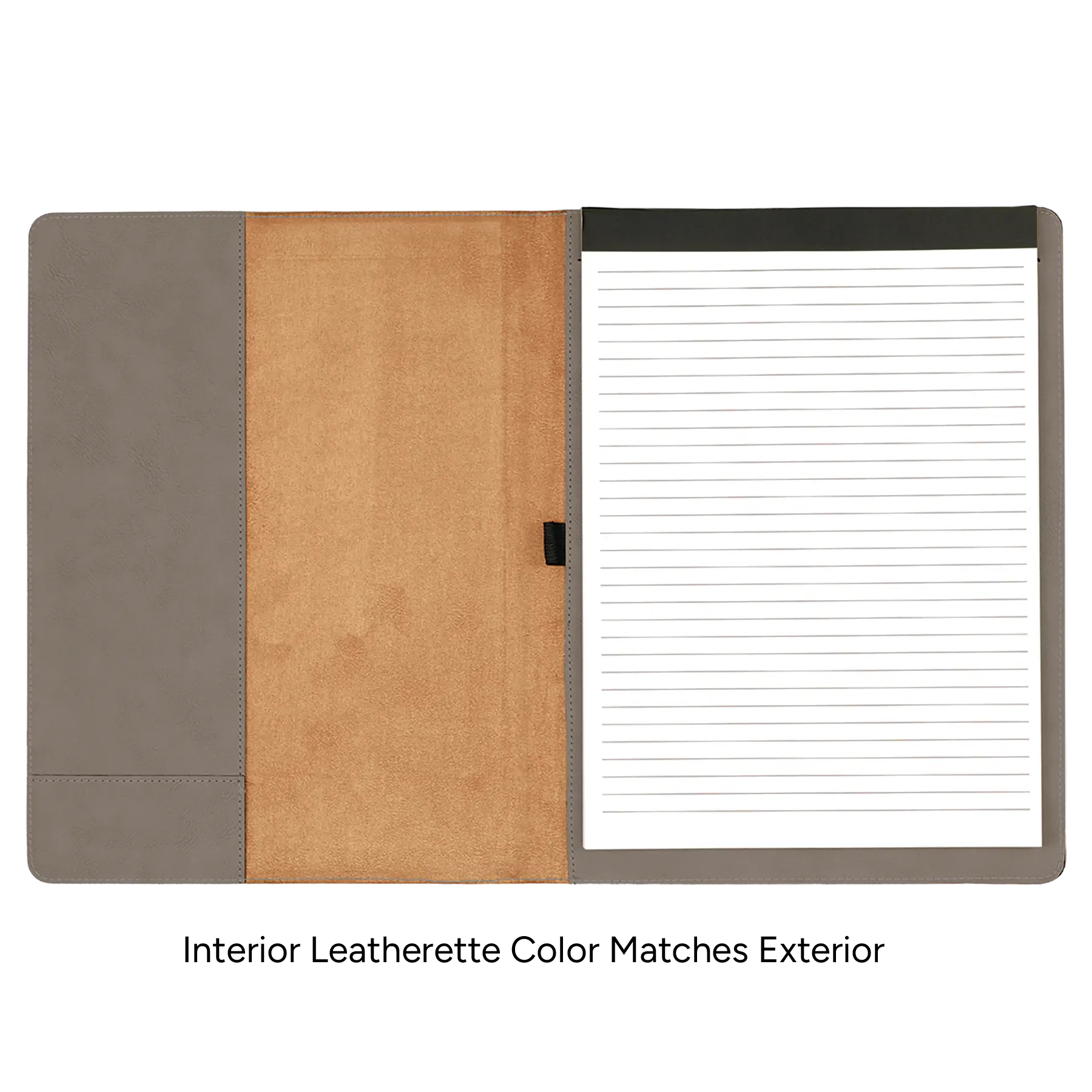 Open view of 7 x 9 canvas portfolio showing lined notepad leatherette angled card pocket, and elastic pen loop