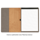 Open view of 7 x 9 canvas portfolio showing lined notepad leatherette angled card pocket, and elastic pen loop