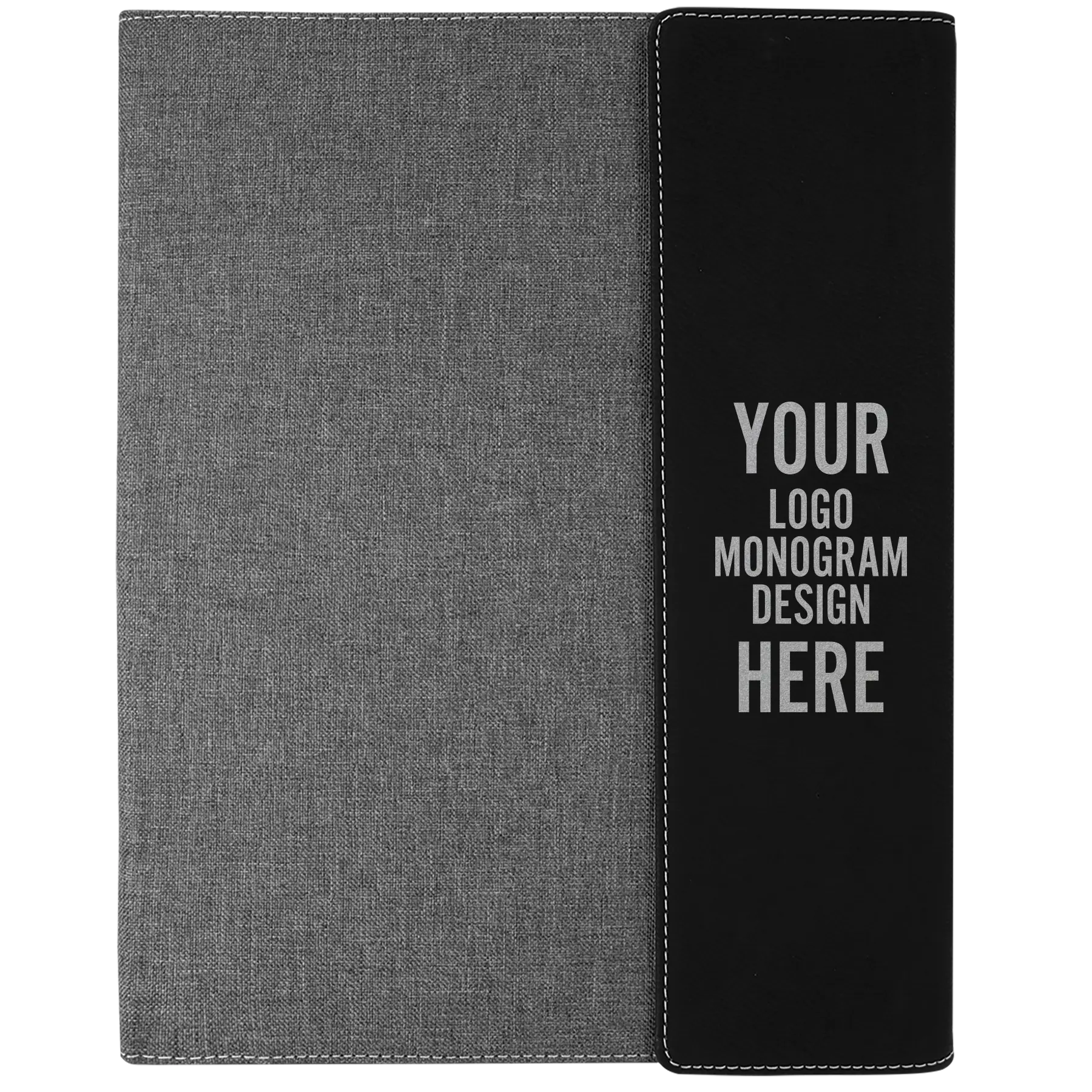 Personalized 9.5 x 12 canvas and leatherette portfolio with black leatherette panel, custom laser engraved with logo, monogram, or design.