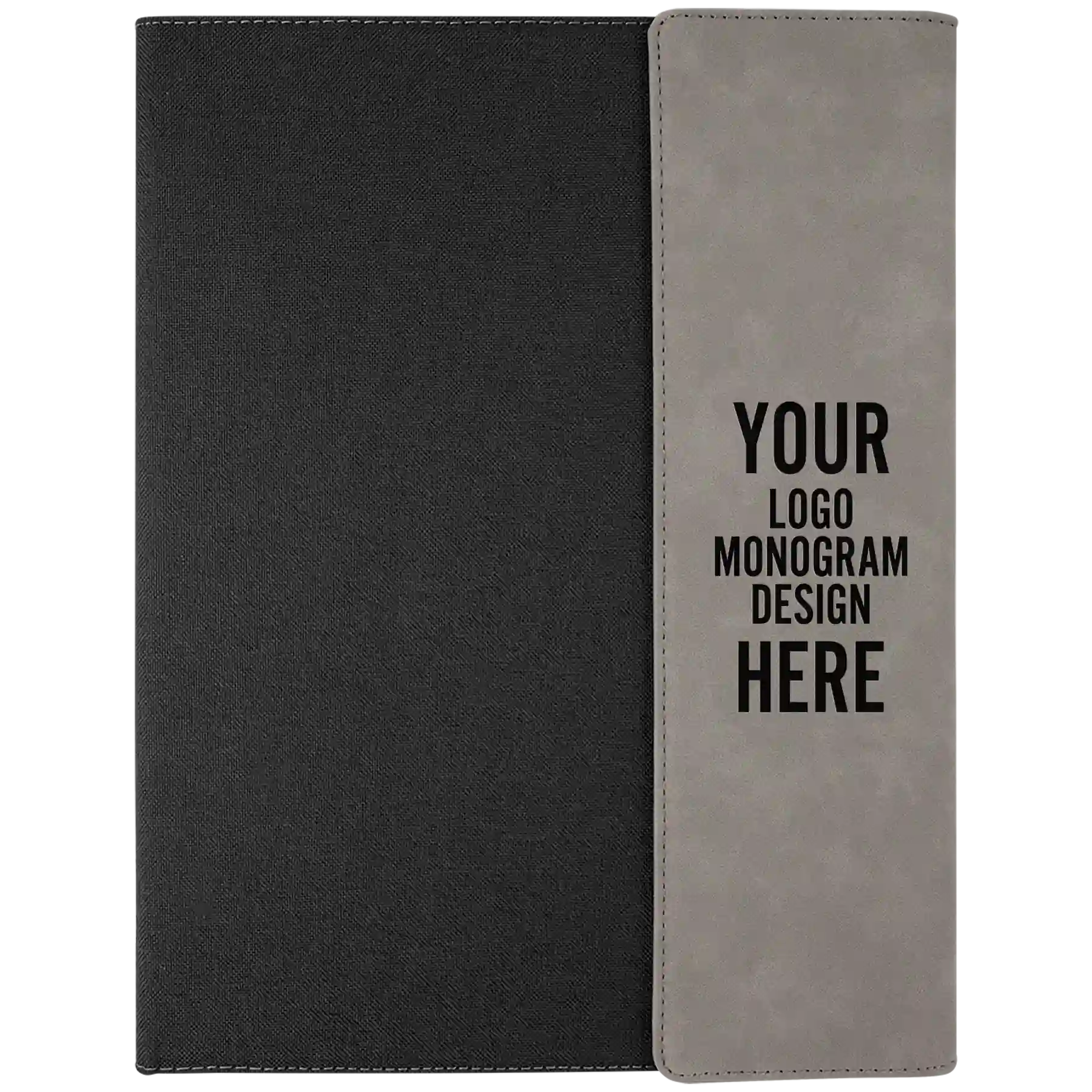 Personalized 9.5 x 12 canvas and leatherette portfolio with gray leatherette panel, custom laser engraved with logo, monogram, or design.