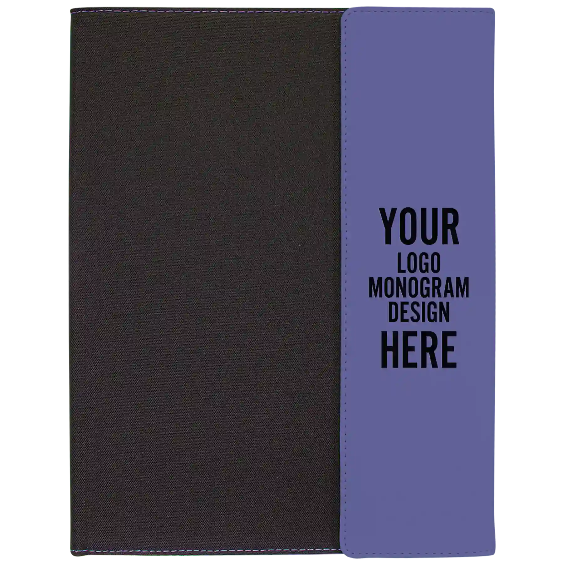 Personalized 9.5 x 12 canvas and leatherette portfolio with purple leatherette panel, custom laser engraved with logo, monogram, or design.