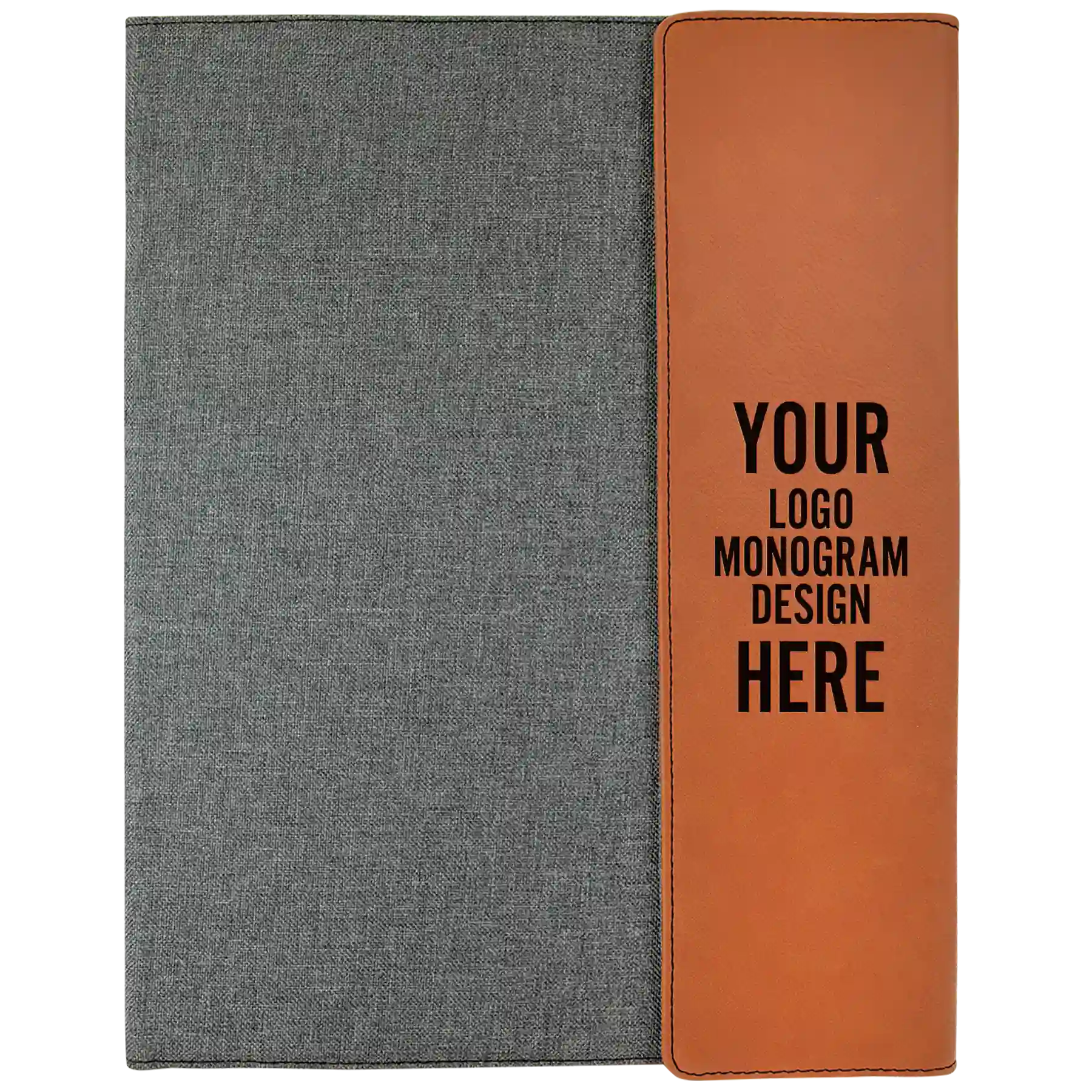 Personalized 9.5 x 12 canvas and leatherette portfolio with rawhide leatherette panel, custom laser engraved with logo, monogram, or design.