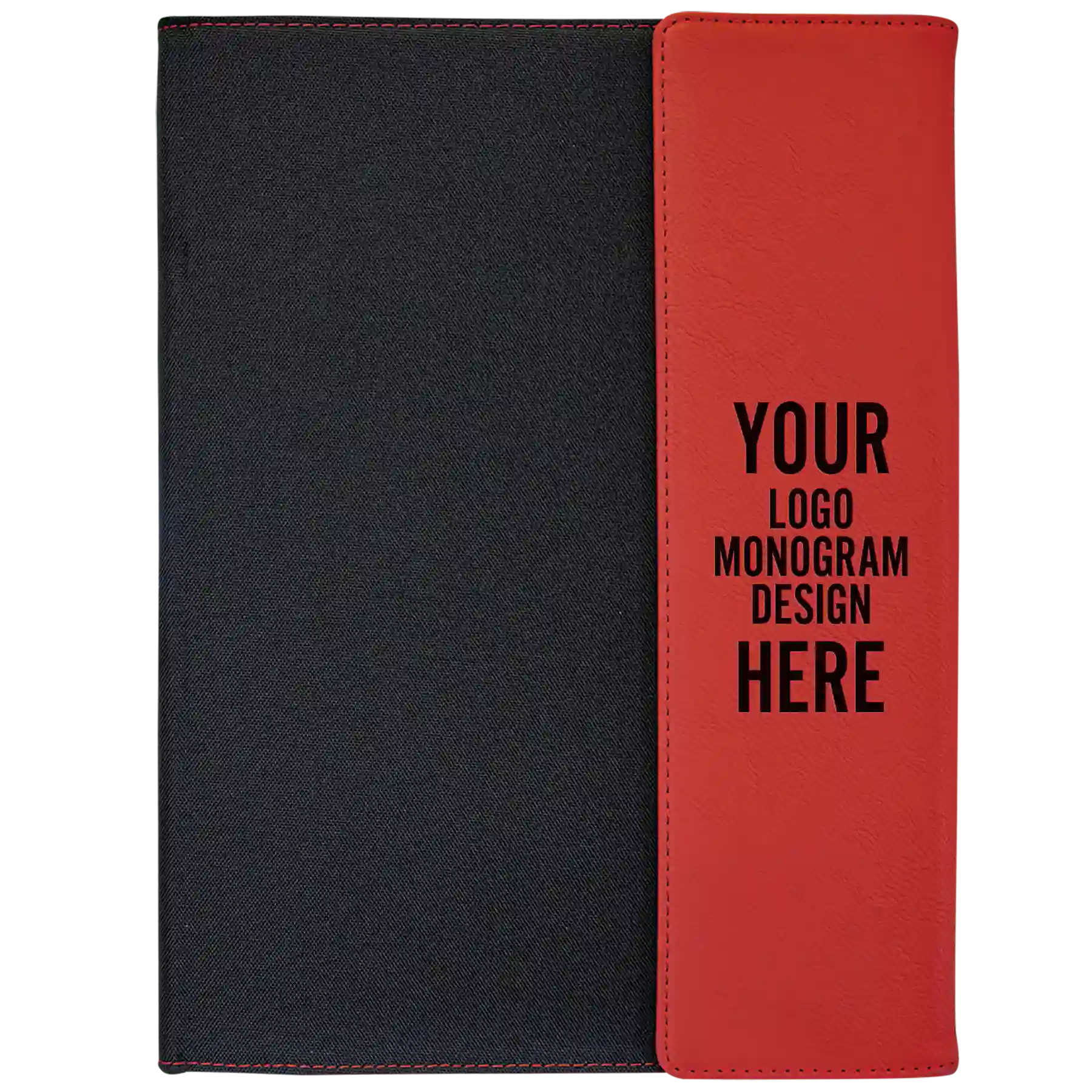 Personalized 9.5 x 12 canvas and leatherette portfolio with red leatherette panel, custom laser engraved with logo, monogram, or design.