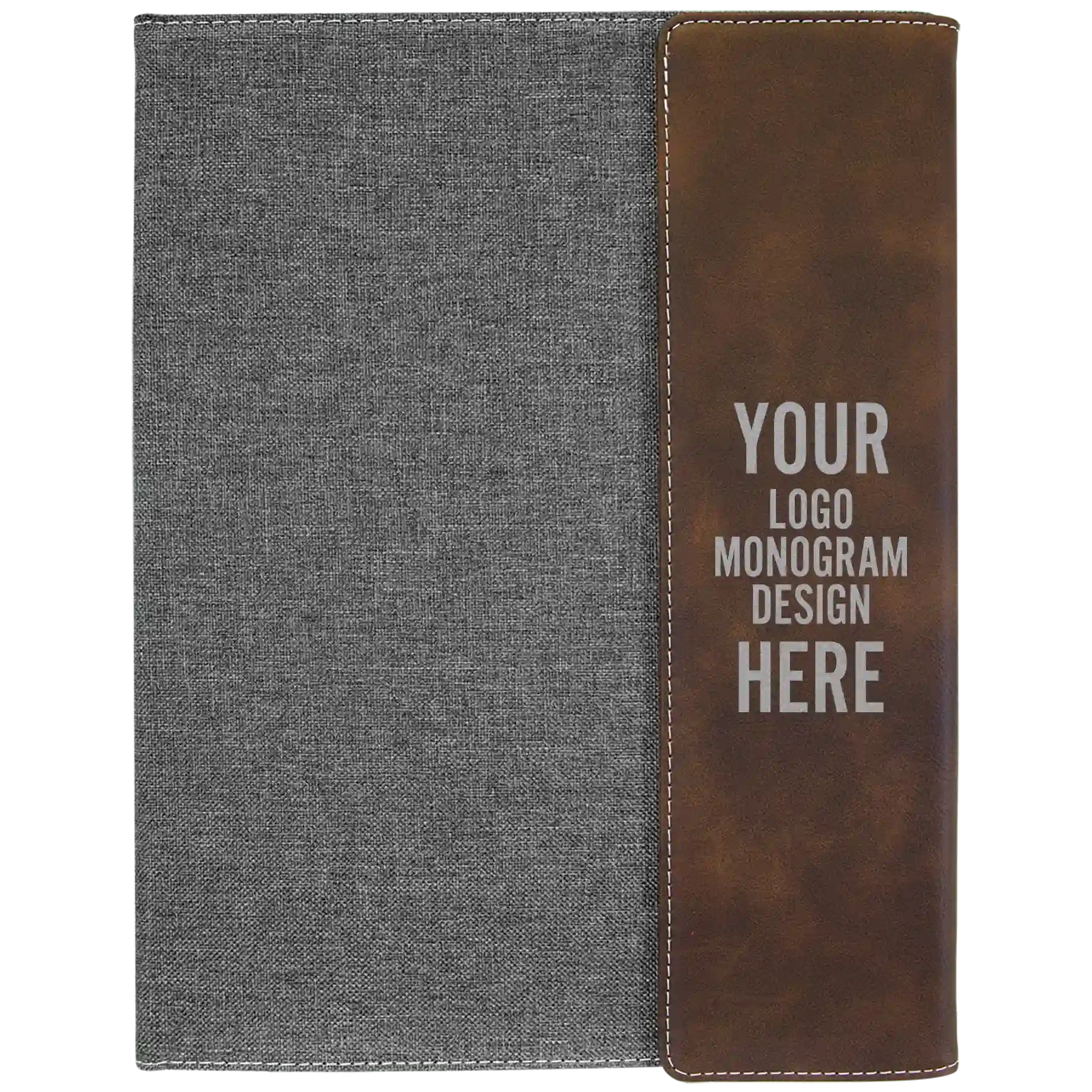 Personalized 9.5 x 12 canvas and leatherette portfolio with rustic leatherette panel, custom laser engraved with logo, monogram, or design.