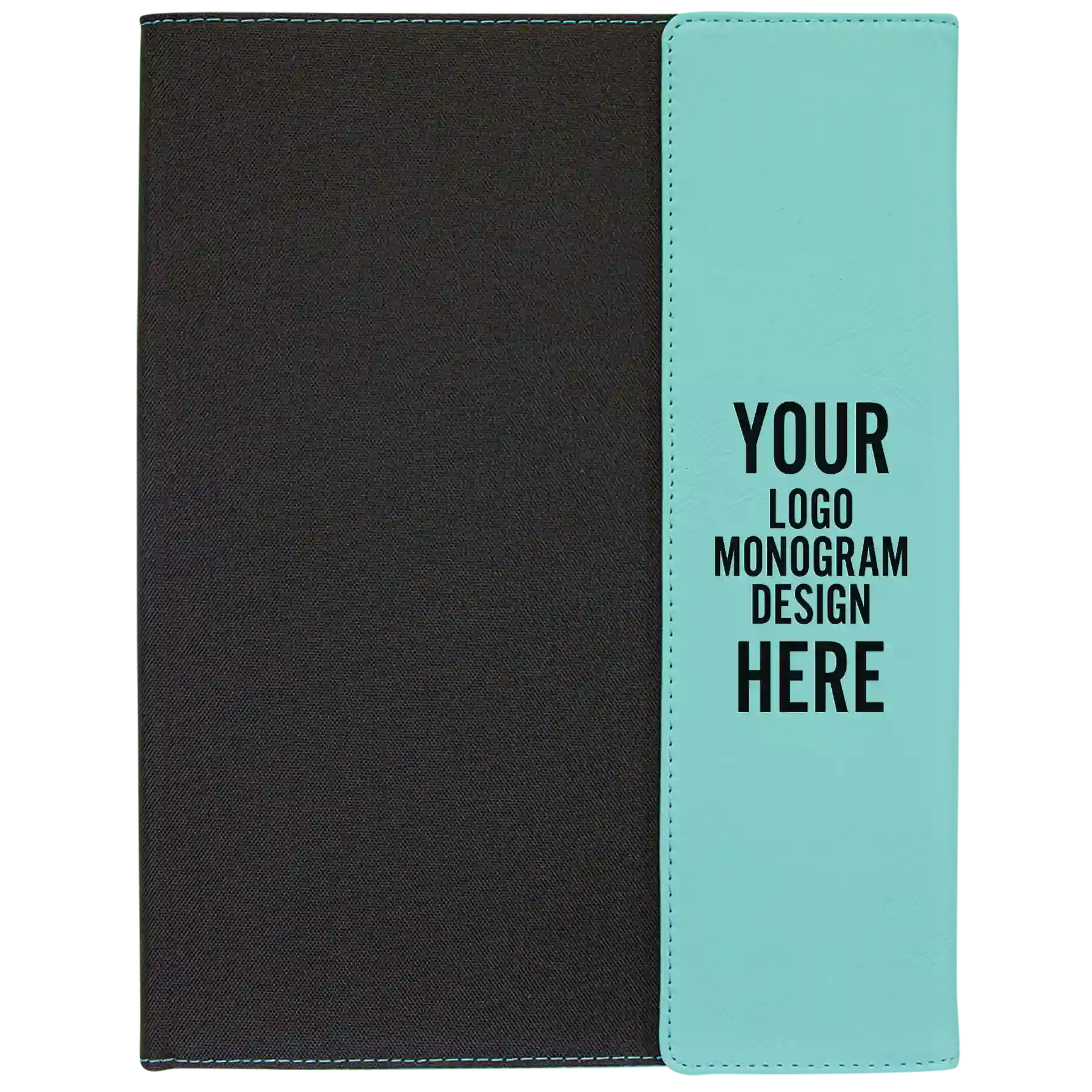 Personalized 9.5 x 12 canvas and leatherette portfolio with teal leatherette panel, custom laser engraved with logo, monogram, or design.