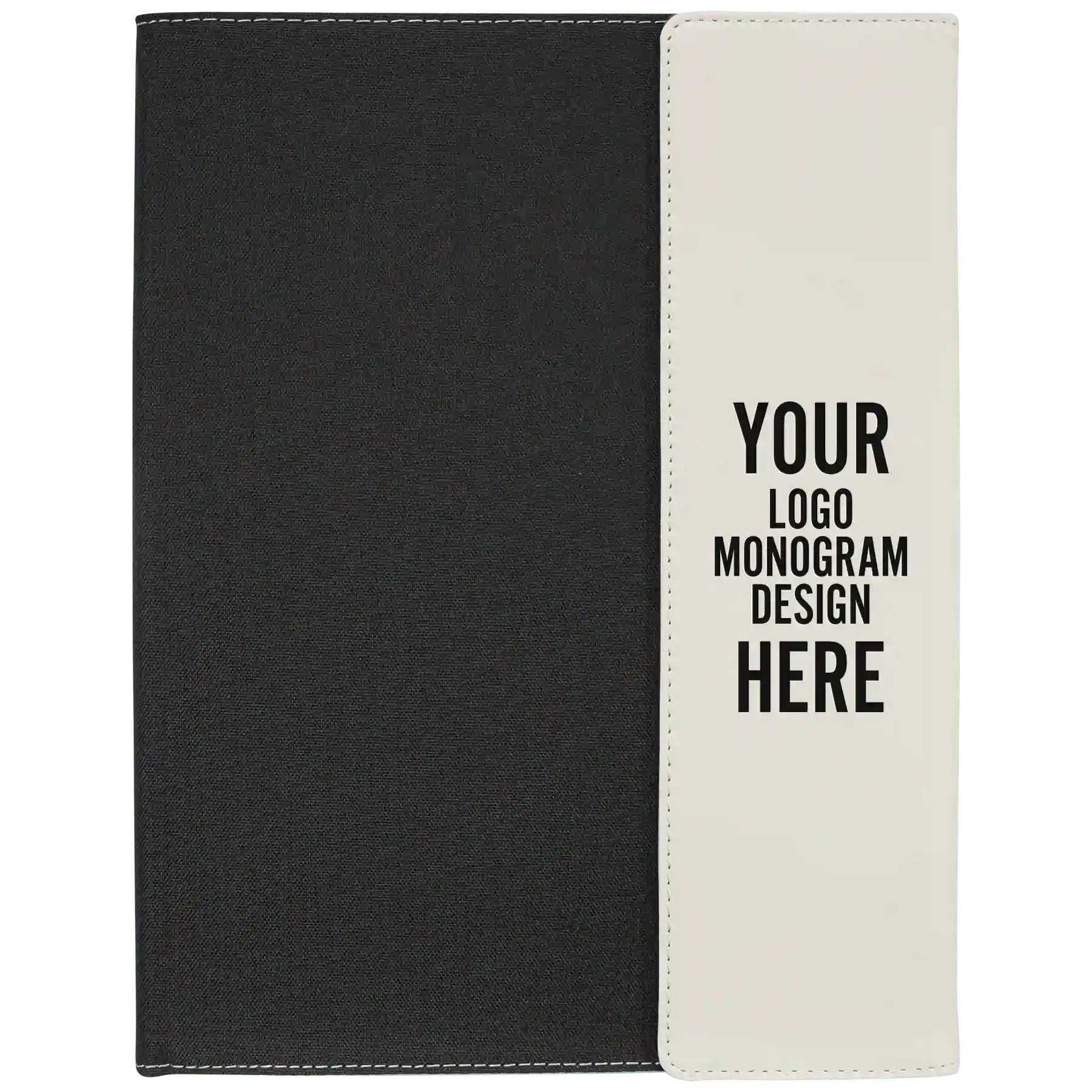 Personalized 9.5 x 12 canvas and leatherette portfolio with white leatherette panel, custom laser engraved with logo, monogram, or design.