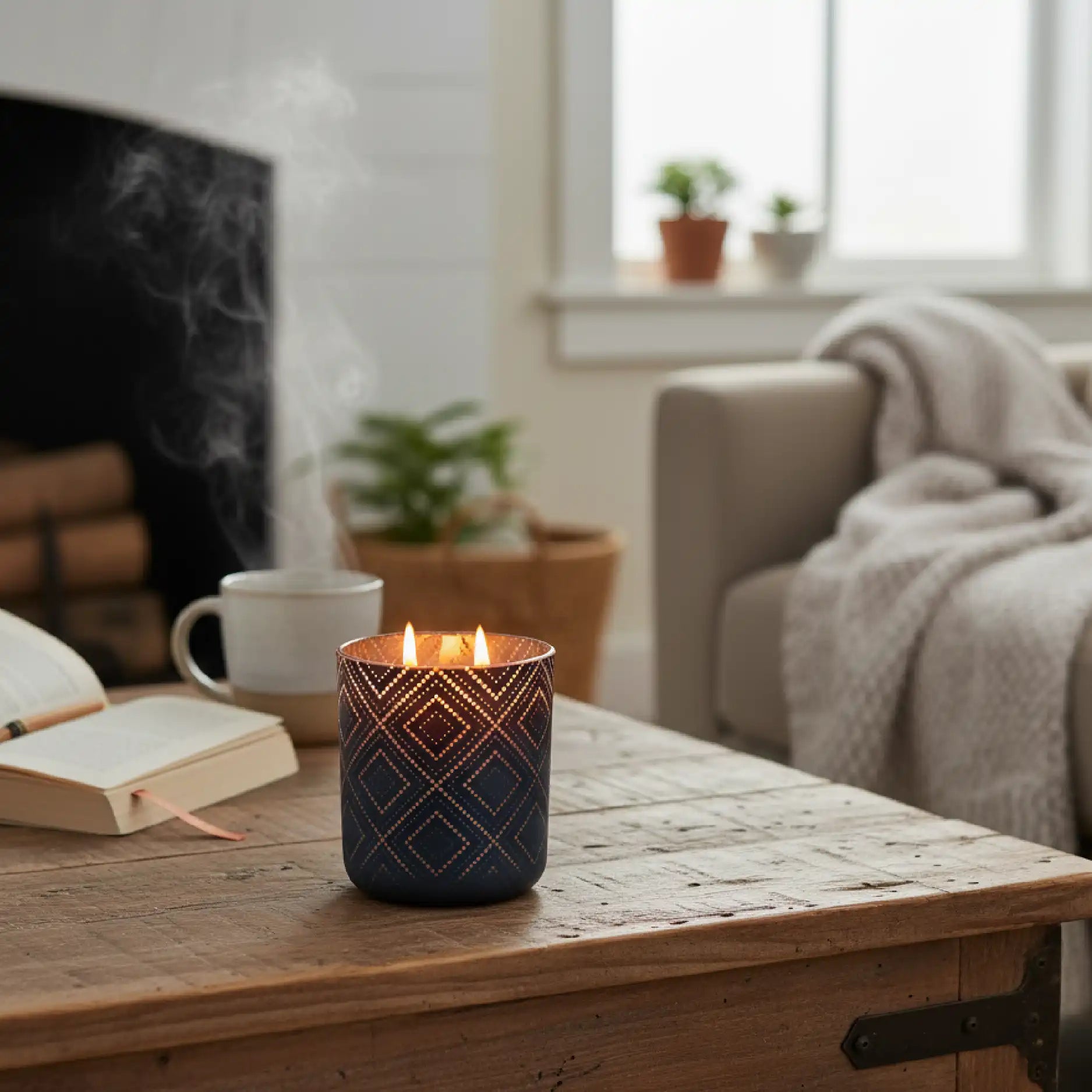Custom Etched Candle in a Cozy Living Room