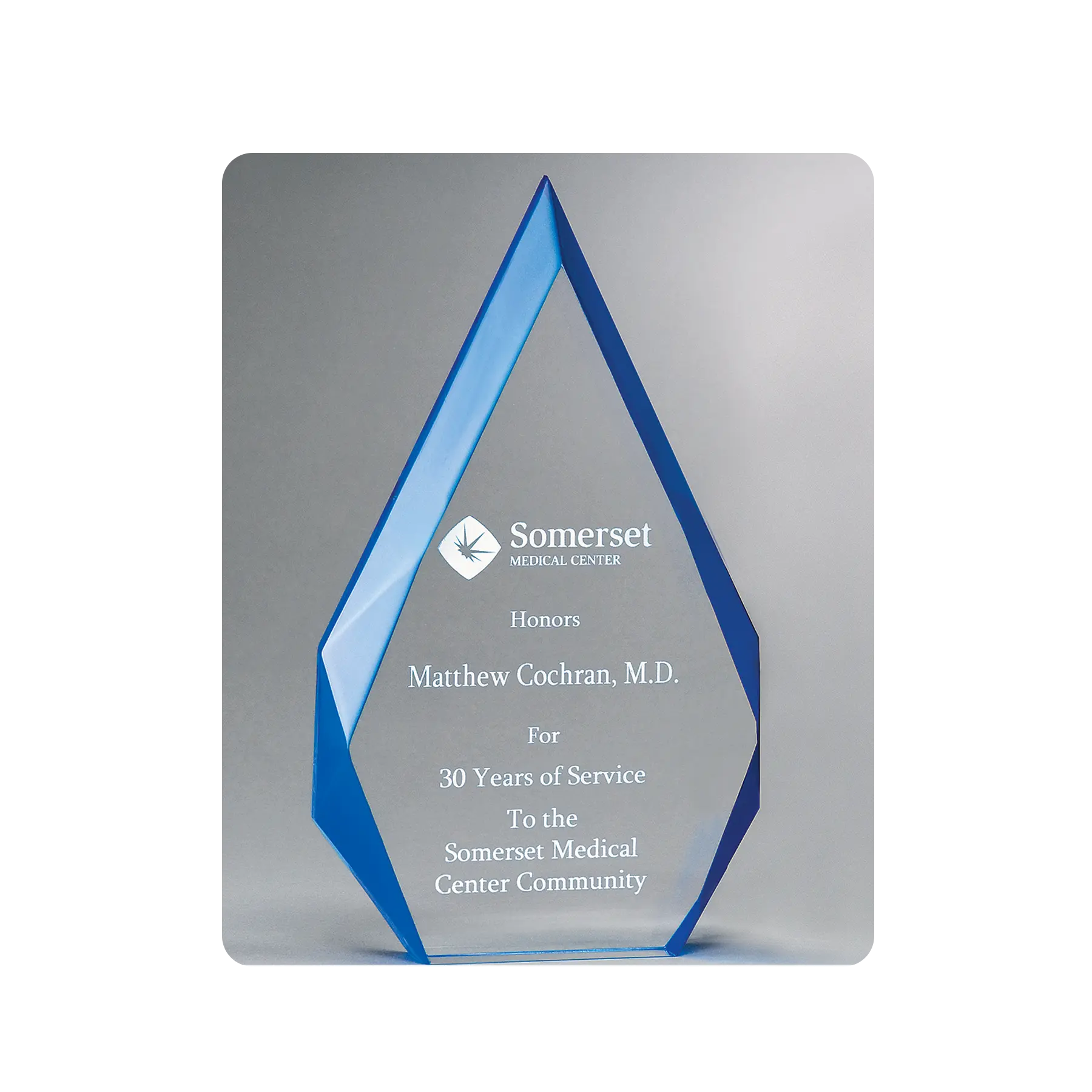 Acrylic award with blue accents, cost effective award for milestones, events, recognition