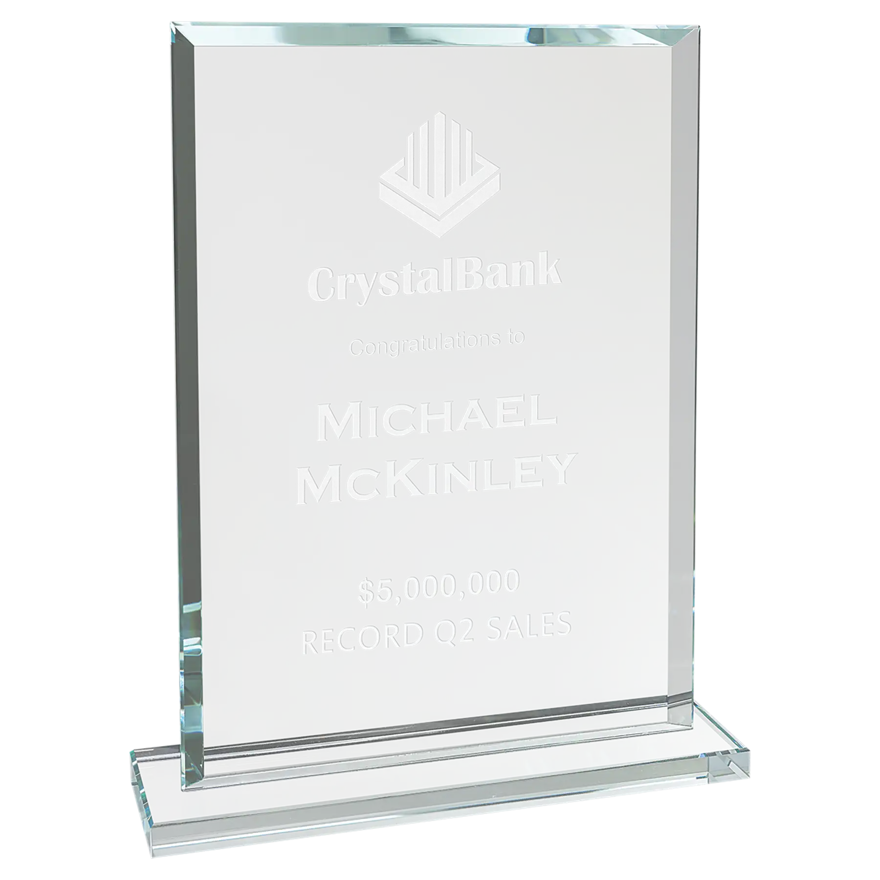 Laser etched rectangle clear glass award. Customize with your logo or recognition details