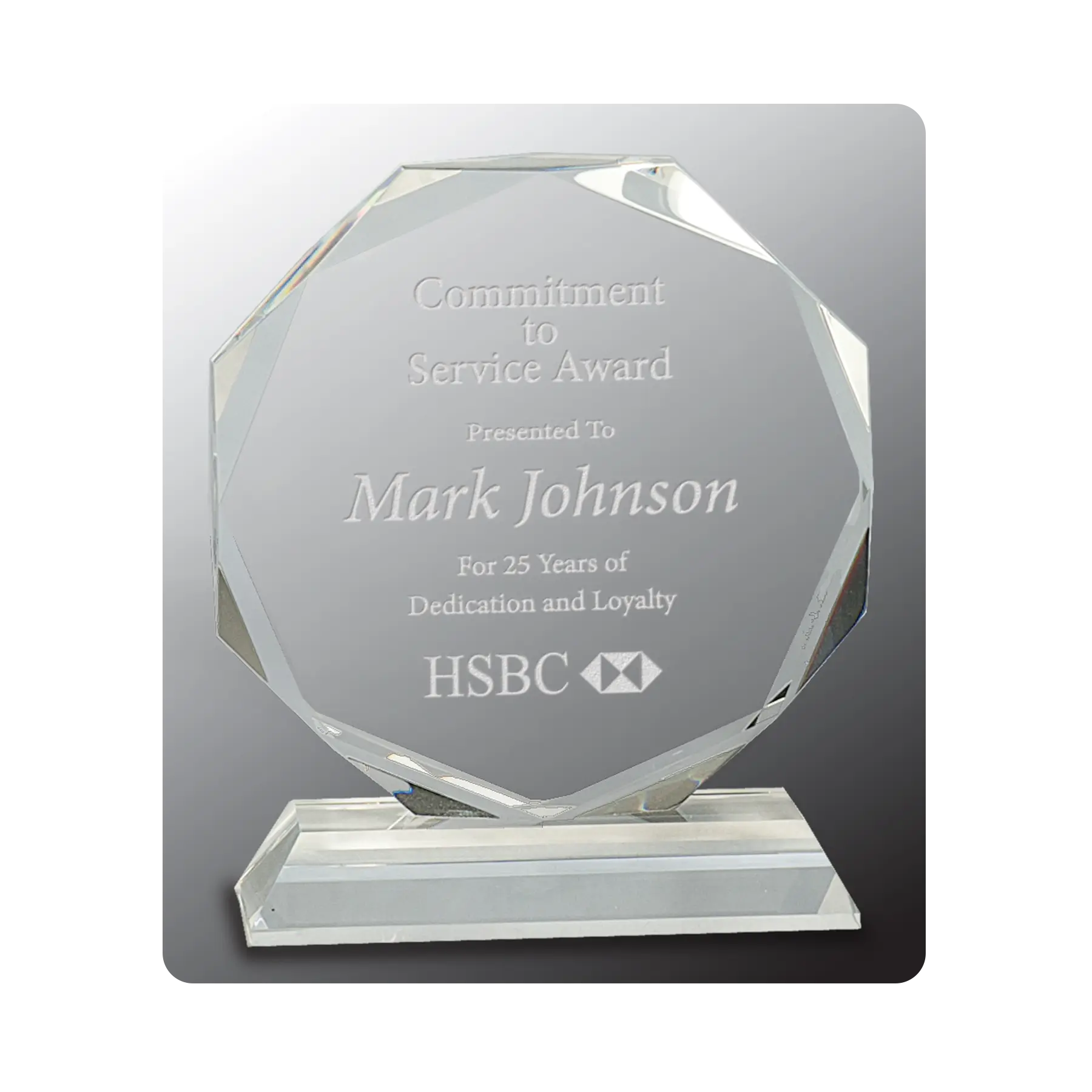 Etched crystal octagon award, personalized with logos, names, dates, events, or messages