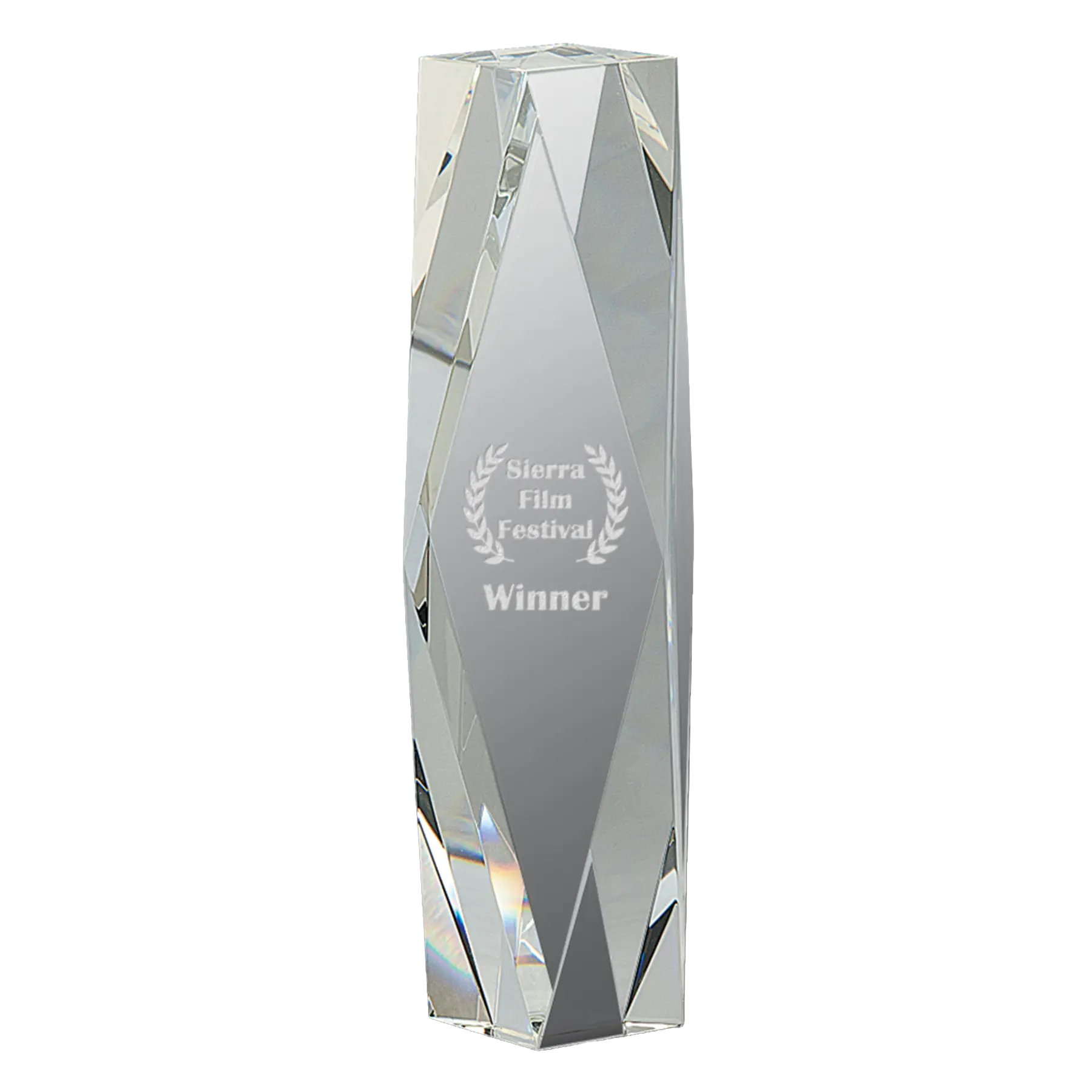 Laser etched 10 inch crystal tower award personalized for your award event.