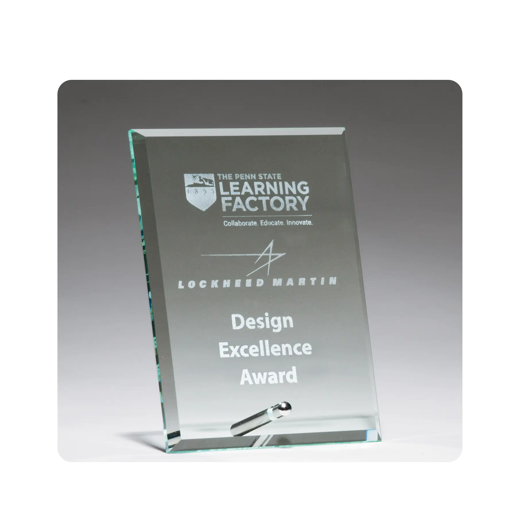 Clear glass easel award for milestones, recognition, or events. Laser etched.