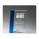 Clear glass easel award with blue highlights, personalized for your event, milestone or recognition